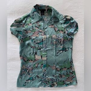 BCBGMAXAZRIA Aqua Floral Satin Button-Up Blouse